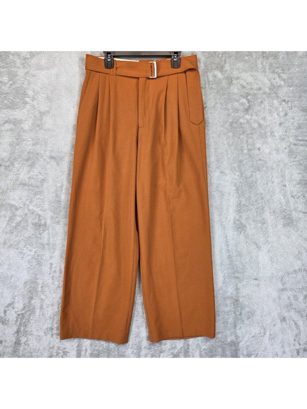 Zara Dress Pants Womens S Orange Twill Belted Pleated Cropped Ankle Relaxed